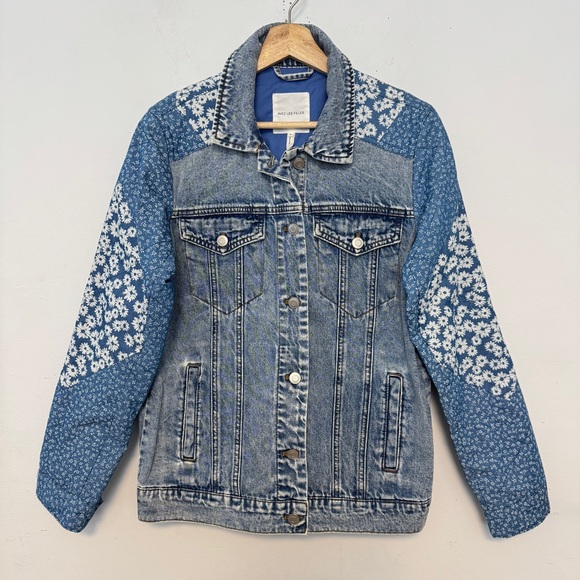 Anthropologie Avec Les Filles Patchwork Selvedge Denim Jacket Floral Chore Jean - Picture 6 of 15